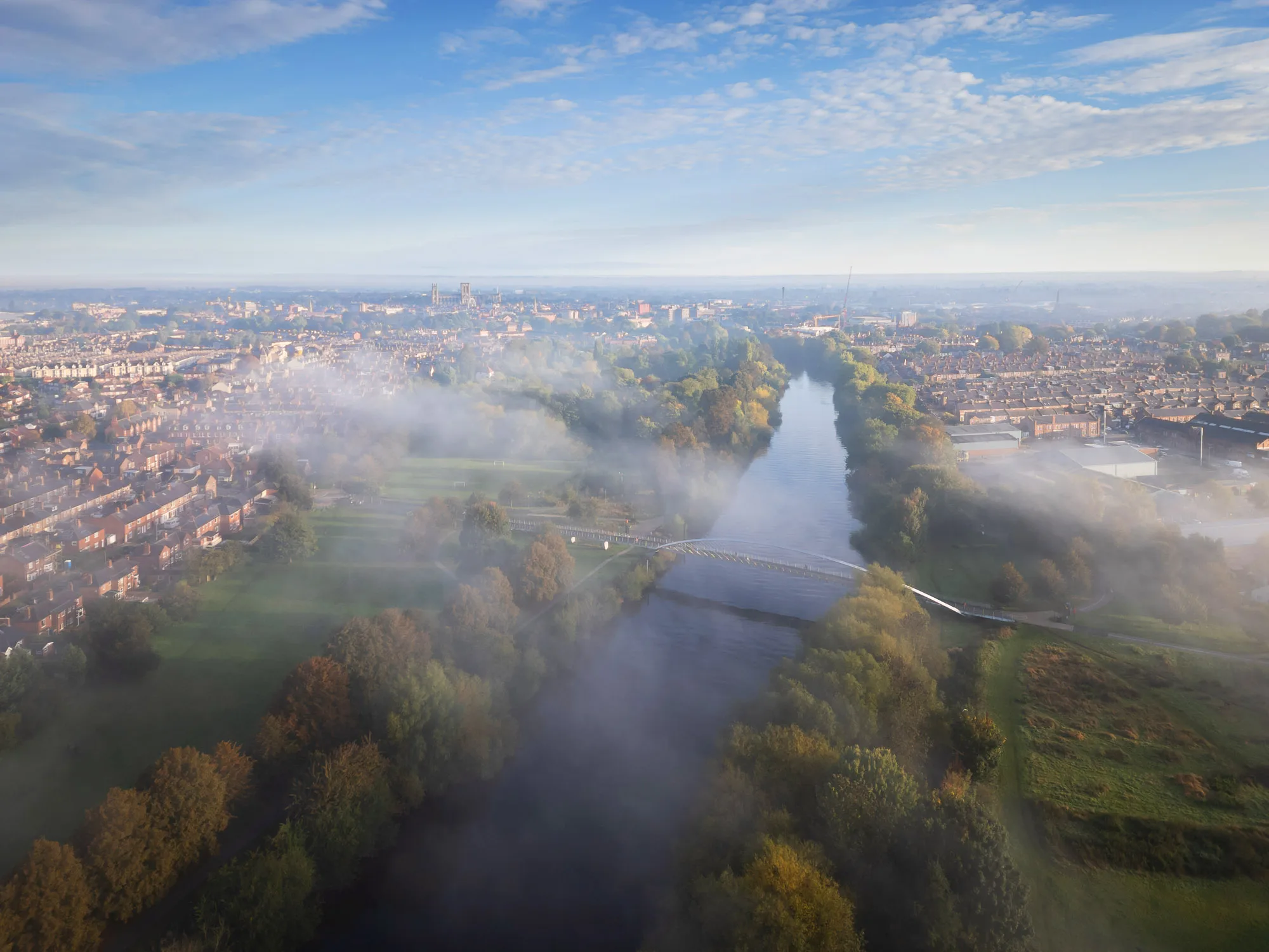 Millennium bridge, River Ouse, Misty morning, south bank, York Autumn Yorkshire