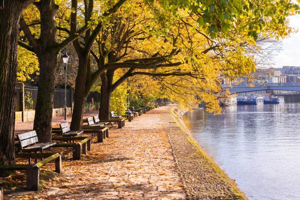 Dame Judy Dench Walk and River Ouse in Autumn, fall, Yorkshire, Lendal Bridge York